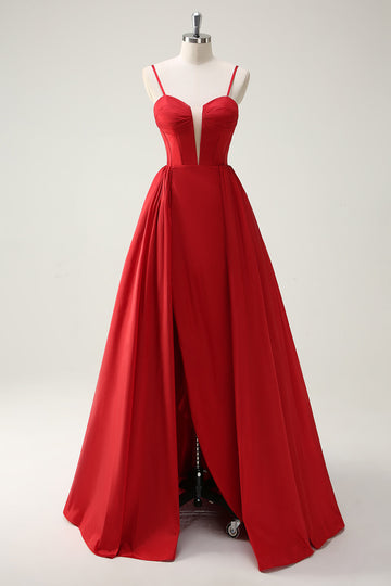 Rosso Ball-Gown Spaghetti Straps Lace Up Back Abito da cerimonia lungo con fessura